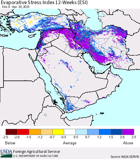 Middle East and Turkey Evaporative Stress Index (ESI), 12-Weeks Thematic Map For 4/29/2019 - 5/5/2019