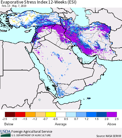Middle East and Turkey Evaporative Stress Index (ESI), 12-Weeks Thematic Map For 5/6/2019 - 5/12/2019