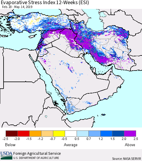 Middle East and Turkey Evaporative Stress Index (ESI), 12-Weeks Thematic Map For 5/13/2019 - 5/19/2019