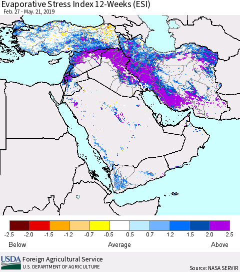 Middle East and Turkey Evaporative Stress Index (ESI), 12-Weeks Thematic Map For 5/20/2019 - 5/26/2019