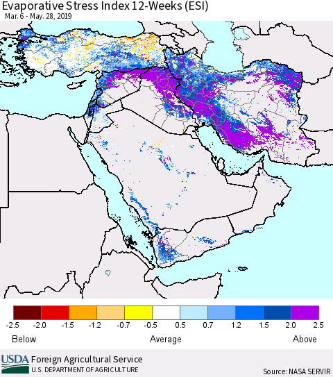 Middle East and Turkey Evaporative Stress Index (ESI), 12-Weeks Thematic Map For 5/27/2019 - 6/2/2019
