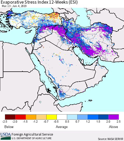 Middle East and Turkey Evaporative Stress Index (ESI), 12-Weeks Thematic Map For 6/3/2019 - 6/9/2019