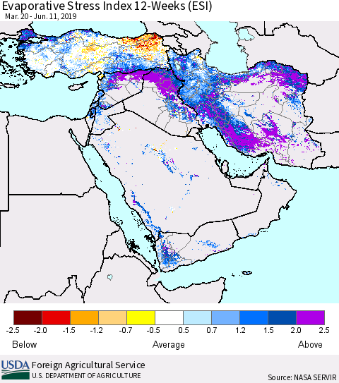 Middle East and Turkey Evaporative Stress Index (ESI), 12-Weeks Thematic Map For 6/10/2019 - 6/16/2019