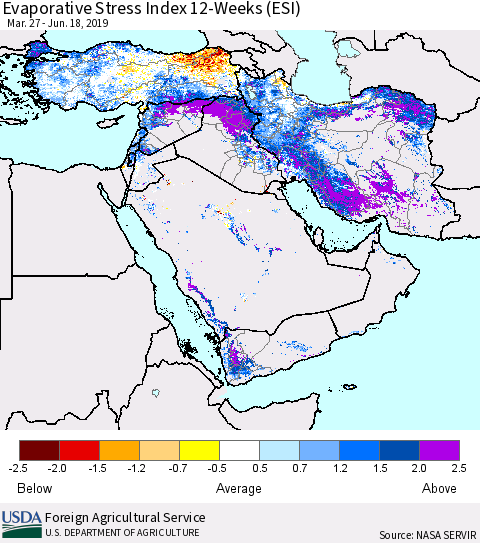 Middle East and Turkey Evaporative Stress Index (ESI), 12-Weeks Thematic Map For 6/17/2019 - 6/23/2019