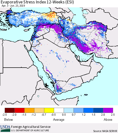 Middle East and Turkey Evaporative Stress Index (ESI), 12-Weeks Thematic Map For 6/24/2019 - 6/30/2019