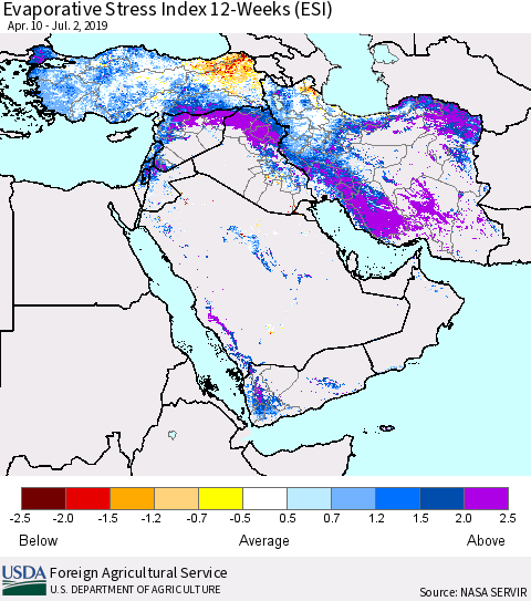 Middle East and Turkey Evaporative Stress Index (ESI), 12-Weeks Thematic Map For 7/1/2019 - 7/7/2019