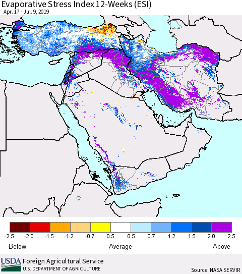 Middle East and Turkey Evaporative Stress Index (ESI), 12-Weeks Thematic Map For 7/8/2019 - 7/14/2019
