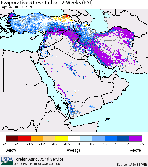 Middle East and Turkey Evaporative Stress Index (ESI), 12-Weeks Thematic Map For 7/15/2019 - 7/21/2019