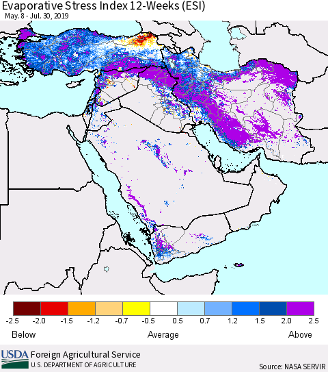 Middle East and Turkey Evaporative Stress Index (ESI), 12-Weeks Thematic Map For 7/29/2019 - 8/4/2019