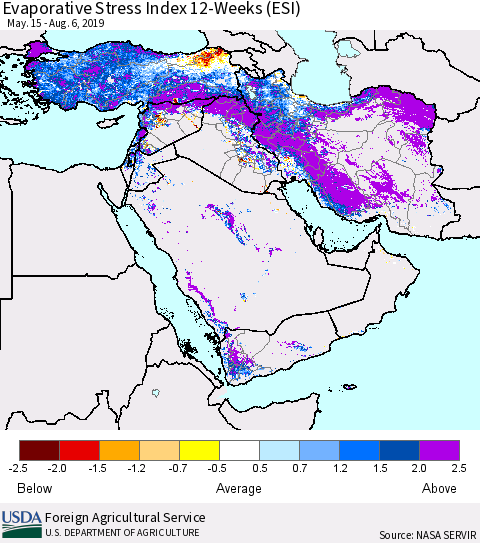 Middle East and Turkey Evaporative Stress Index (ESI), 12-Weeks Thematic Map For 8/5/2019 - 8/11/2019