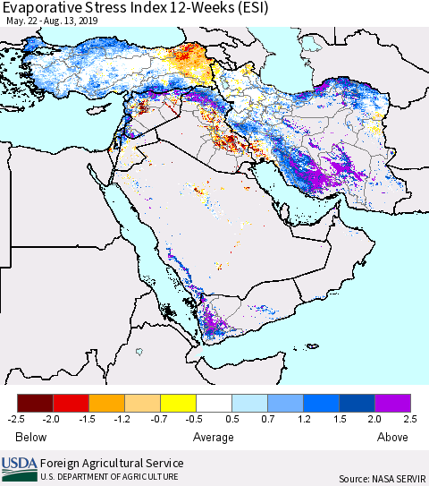Middle East and Turkey Evaporative Stress Index (ESI), 12-Weeks Thematic Map For 8/12/2019 - 8/18/2019