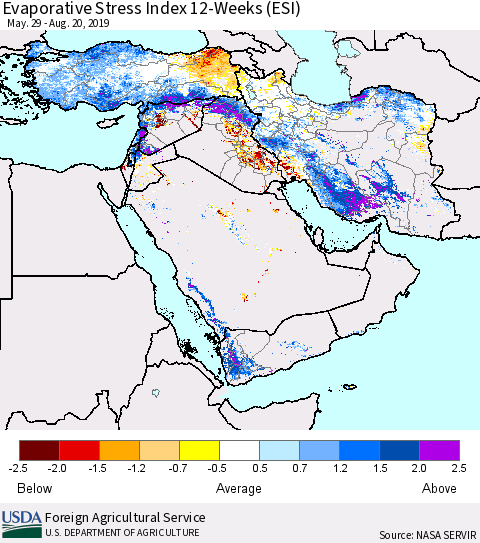 Middle East and Turkey Evaporative Stress Index (ESI), 12-Weeks Thematic Map For 8/19/2019 - 8/25/2019