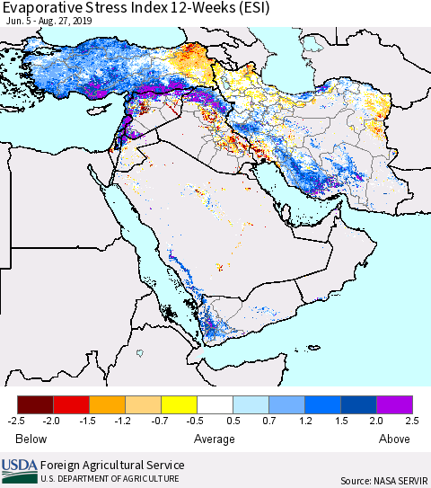 Middle East and Turkey Evaporative Stress Index (ESI), 12-Weeks Thematic Map For 8/26/2019 - 9/1/2019