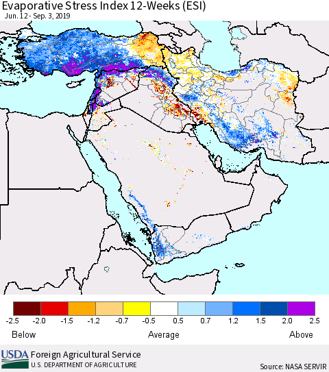 Middle East and Turkey Evaporative Stress Index (ESI), 12-Weeks Thematic Map For 9/2/2019 - 9/8/2019