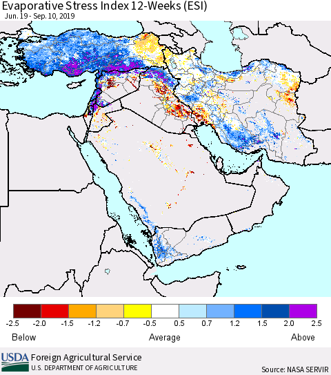 Middle East and Turkey Evaporative Stress Index (ESI), 12-Weeks Thematic Map For 9/9/2019 - 9/15/2019