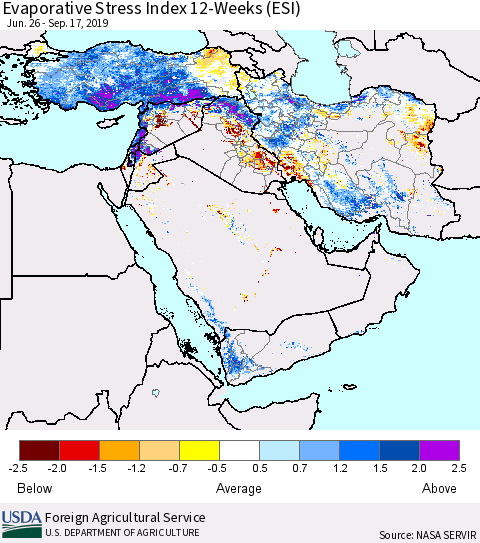 Middle East and Turkey Evaporative Stress Index (ESI), 12-Weeks Thematic Map For 9/16/2019 - 9/22/2019