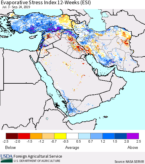 Middle East and Turkey Evaporative Stress Index (ESI), 12-Weeks Thematic Map For 9/23/2019 - 9/29/2019