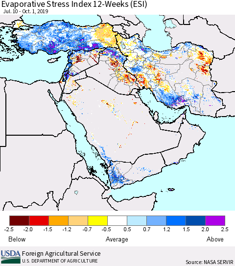 Middle East and Turkey Evaporative Stress Index (ESI), 12-Weeks Thematic Map For 9/30/2019 - 10/6/2019