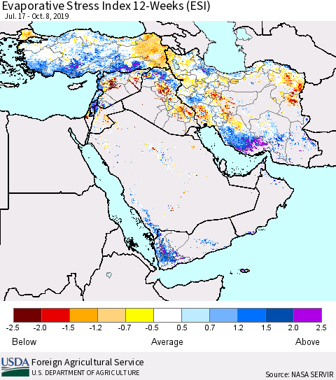 Middle East and Turkey Evaporative Stress Index (ESI), 12-Weeks Thematic Map For 10/7/2019 - 10/13/2019