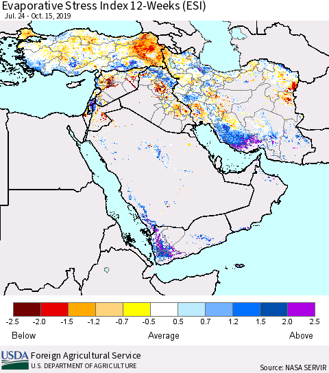 Middle East and Turkey Evaporative Stress Index (ESI), 12-Weeks Thematic Map For 10/14/2019 - 10/20/2019