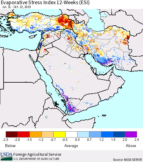 Middle East and Turkey Evaporative Stress Index (ESI), 12-Weeks Thematic Map For 10/21/2019 - 10/27/2019