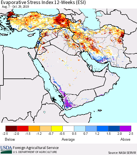 Middle East and Turkey Evaporative Stress Index (ESI), 12-Weeks Thematic Map For 10/28/2019 - 11/3/2019