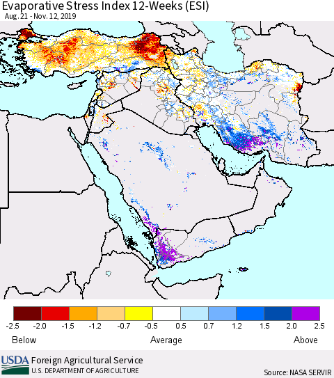 Middle East and Turkey Evaporative Stress Index (ESI), 12-Weeks Thematic Map For 11/11/2019 - 11/17/2019