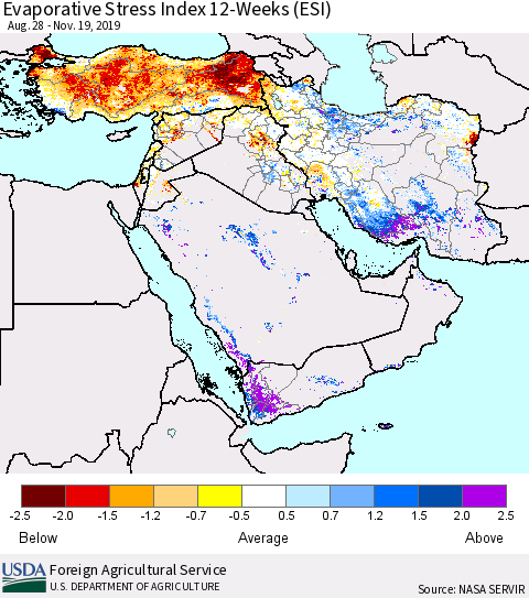 Middle East and Turkey Evaporative Stress Index (ESI), 12-Weeks Thematic Map For 11/18/2019 - 11/24/2019