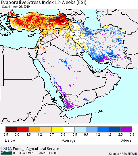 Middle East and Turkey Evaporative Stress Index (ESI), 12-Weeks Thematic Map For 11/25/2019 - 12/1/2019