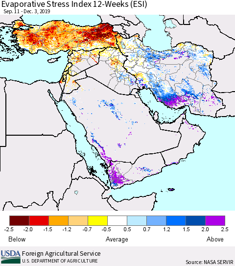 Middle East and Turkey Evaporative Stress Index (ESI), 12-Weeks Thematic Map For 12/2/2019 - 12/8/2019