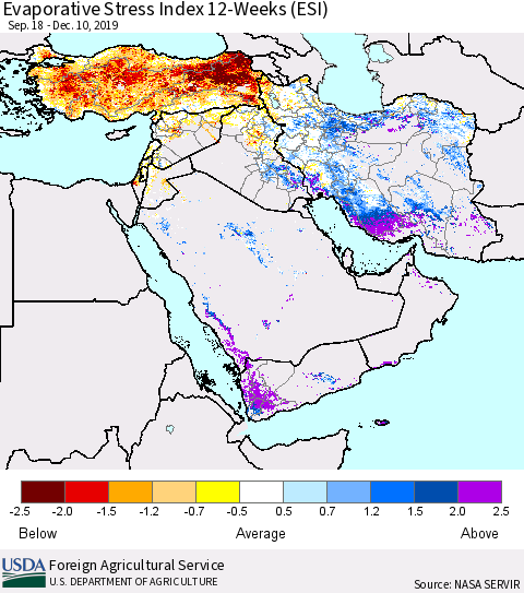 Middle East and Turkey Evaporative Stress Index (ESI), 12-Weeks Thematic Map For 12/9/2019 - 12/15/2019