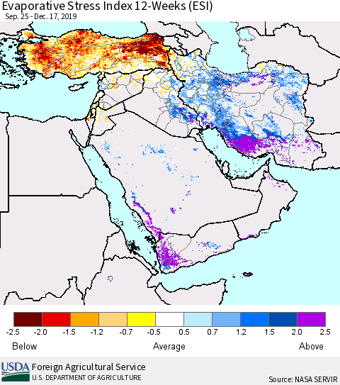 Middle East and Turkey Evaporative Stress Index (ESI), 12-Weeks Thematic Map For 12/16/2019 - 12/22/2019