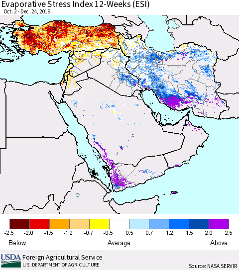 Middle East and Turkey Evaporative Stress Index (ESI), 12-Weeks Thematic Map For 12/23/2019 - 12/29/2019