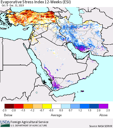Middle East and Turkey Evaporative Stress Index (ESI), 12-Weeks Thematic Map For 12/30/2019 - 1/5/2020