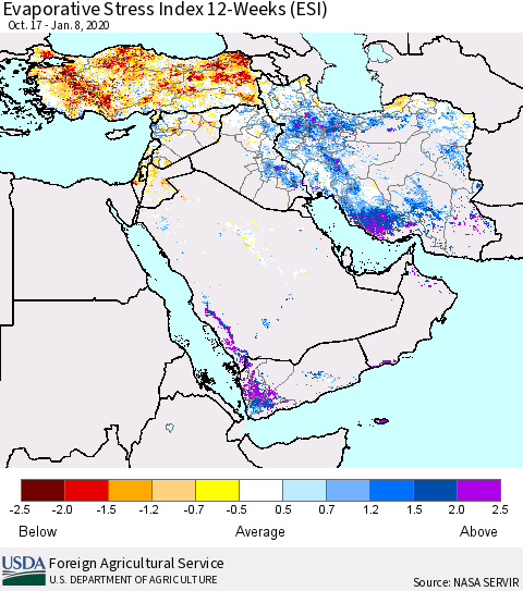 Middle East and Turkey Evaporative Stress Index (ESI), 12-Weeks Thematic Map For 1/6/2020 - 1/12/2020