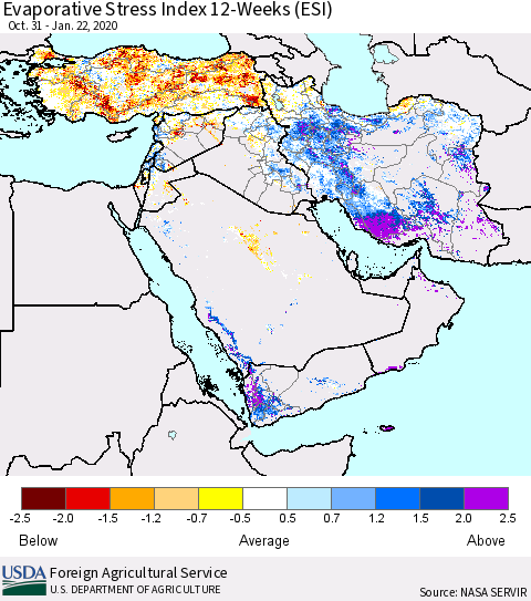 Middle East and Turkey Evaporative Stress Index (ESI), 12-Weeks Thematic Map For 1/20/2020 - 1/26/2020