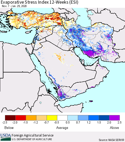 Middle East and Turkey Evaporative Stress Index (ESI), 12-Weeks Thematic Map For 1/27/2020 - 2/2/2020