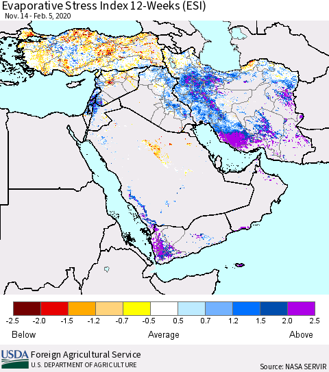 Middle East and Turkey Evaporative Stress Index (ESI), 12-Weeks Thematic Map For 2/3/2020 - 2/9/2020