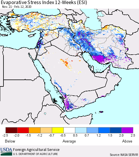 Middle East and Turkey Evaporative Stress Index (ESI), 12-Weeks Thematic Map For 2/10/2020 - 2/16/2020