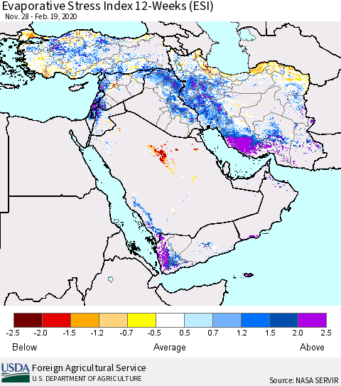 Middle East and Turkey Evaporative Stress Index (ESI), 12-Weeks Thematic Map For 2/17/2020 - 2/23/2020