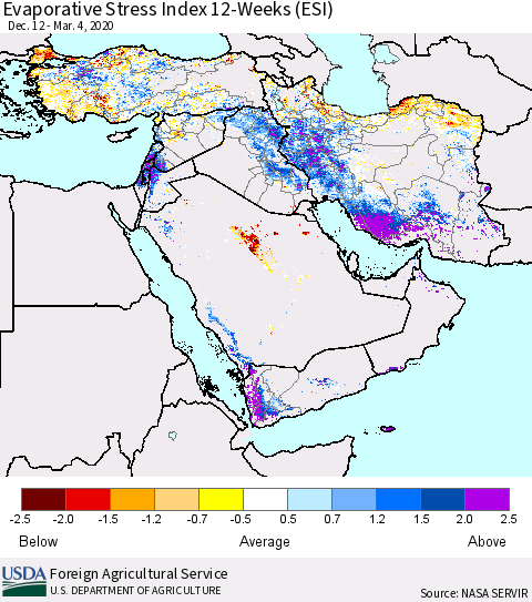 Middle East and Turkey Evaporative Stress Index (ESI), 12-Weeks Thematic Map For 3/2/2020 - 3/8/2020