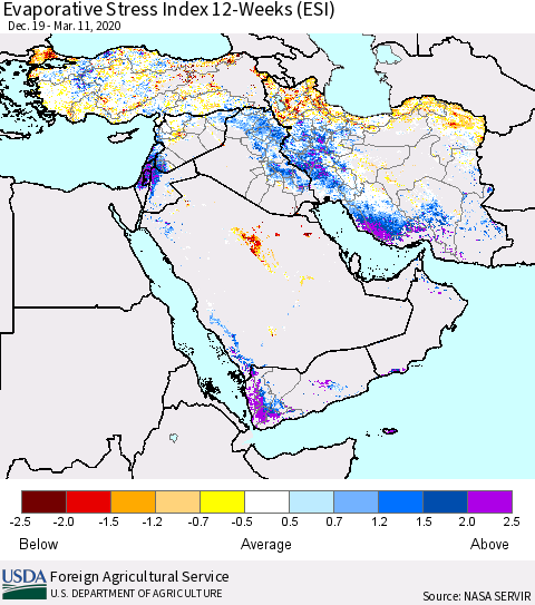 Middle East and Turkey Evaporative Stress Index (ESI), 12-Weeks Thematic Map For 3/9/2020 - 3/15/2020