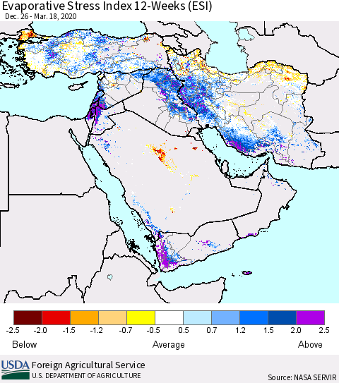 Middle East and Turkey Evaporative Stress Index (ESI), 12-Weeks Thematic Map For 3/16/2020 - 3/22/2020