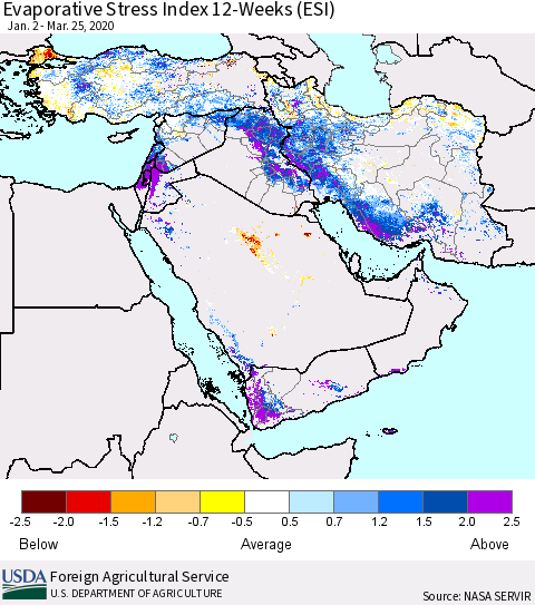 Middle East and Turkey Evaporative Stress Index (ESI), 12-Weeks Thematic Map For 3/23/2020 - 3/29/2020