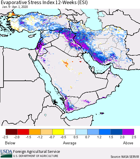 Middle East and Turkey Evaporative Stress Index (ESI), 12-Weeks Thematic Map For 3/30/2020 - 4/5/2020