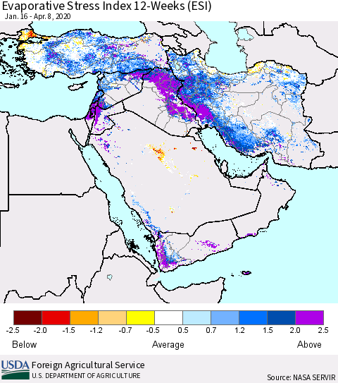 Middle East and Turkey Evaporative Stress Index (ESI), 12-Weeks Thematic Map For 4/6/2020 - 4/12/2020