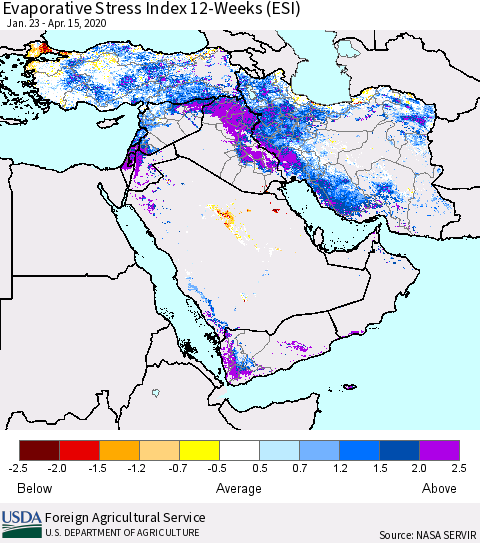 Middle East and Turkey Evaporative Stress Index (ESI), 12-Weeks Thematic Map For 4/13/2020 - 4/19/2020