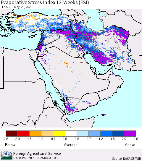 Middle East and Turkey Evaporative Stress Index (ESI), 12-Weeks Thematic Map For 5/18/2020 - 5/24/2020