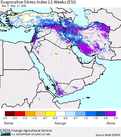 Middle East and Turkey Evaporative Stress Index (ESI), 12-Weeks Thematic Map For 5/25/2020 - 5/31/2020