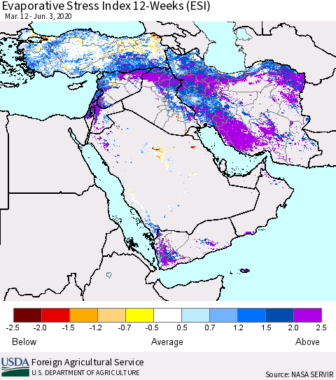 Middle East and Turkey Evaporative Stress Index (ESI), 12-Weeks Thematic Map For 6/1/2020 - 6/7/2020